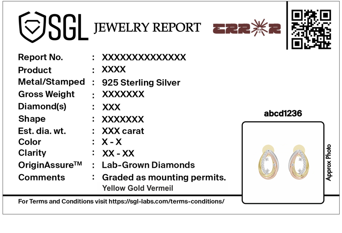 Jewelry report card for lab diamond hoop earrings with QR code and certification details