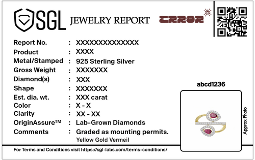 Jewelry report card for lab diamond ring with barcode and 925 sterling silver details