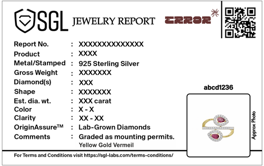 Jewelry report card for lab diamond ring with barcode and 925 sterling silver details