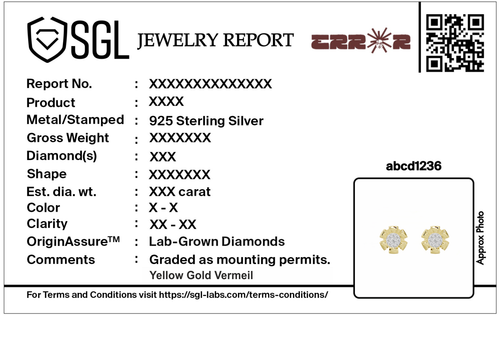 SGL jewelry report card for lab diamond earrings, includes QR code