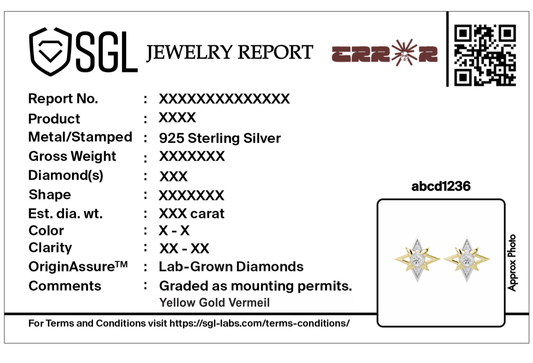 Jewelry report card for lab-grown diamond earrings with QR code and details