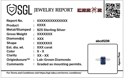Jewelry report card for 925 sterling silver lab diamond ring with blue center