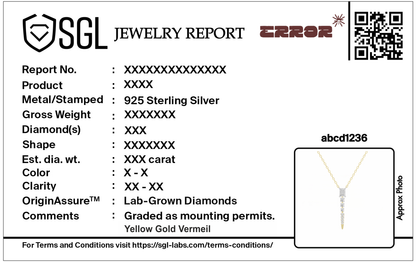 Jewelry report card with QR code for a lab diamond pendant