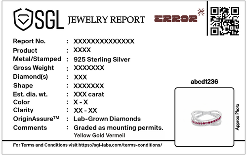 Jewelry report card for sterling silver ruby and lab-diamond ring with QR code