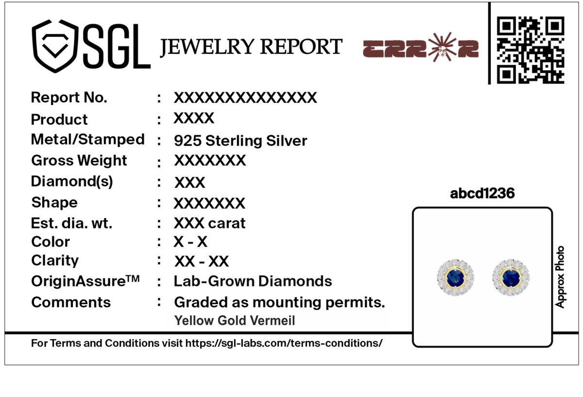 Jewelry report card for lab diamond earrings with blue stone details
