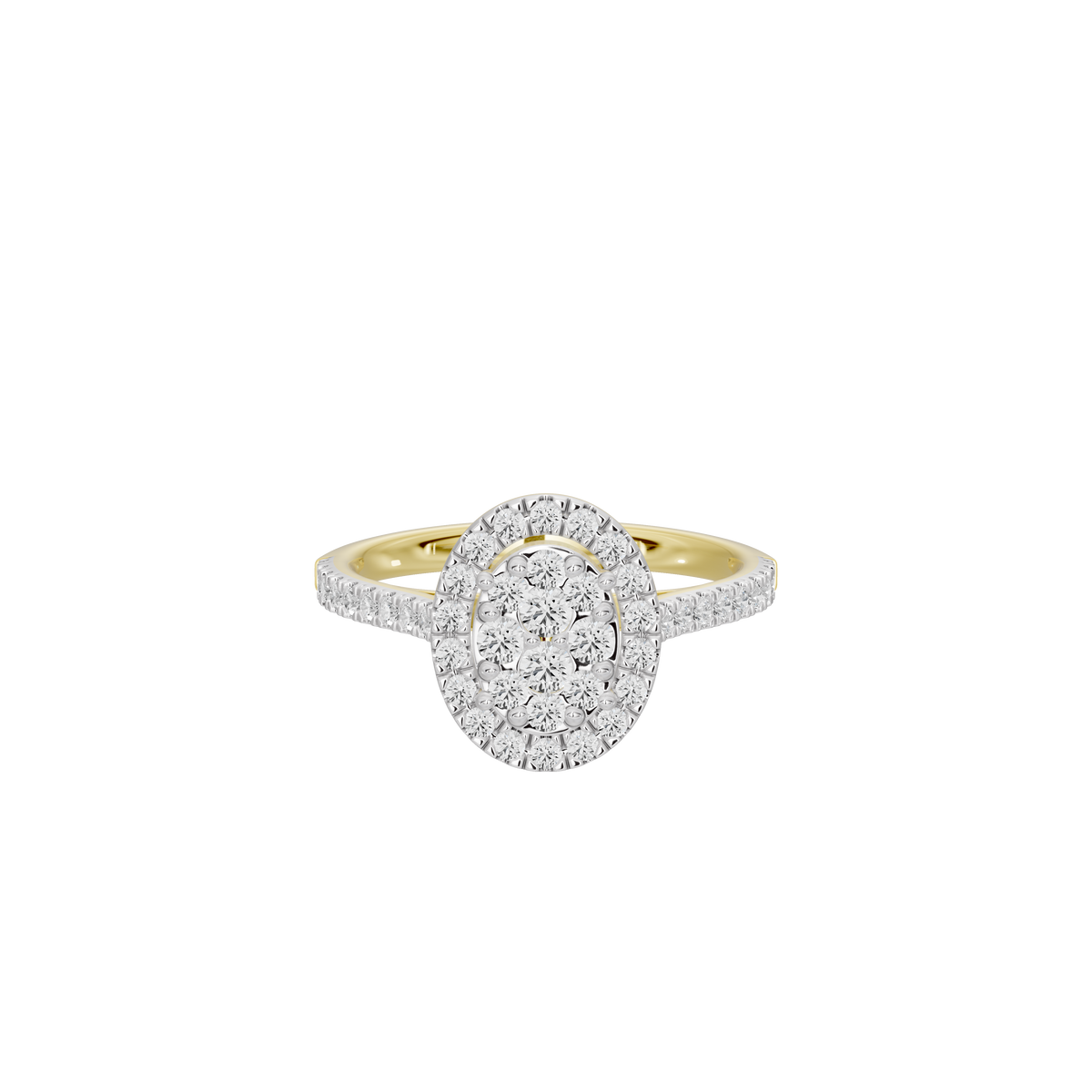 Yellow gold vermeil lab diamond halo ring with large center cluster