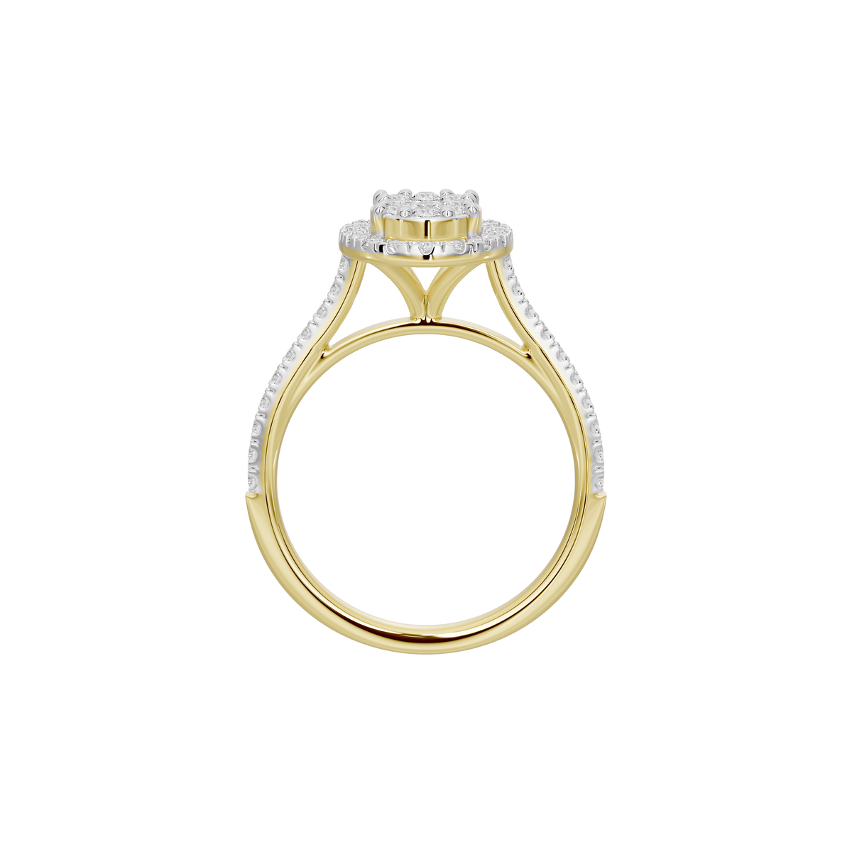 Yellow gold vermeil lab diamond ring top view, pavé halo surround