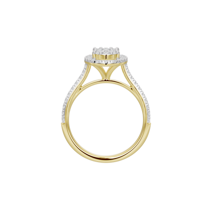 Yellow gold vermeil lab diamond ring top view, pavé halo surround