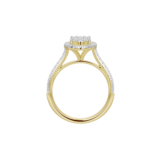 Yellow gold vermeil lab diamond ring top view, pavé halo surround