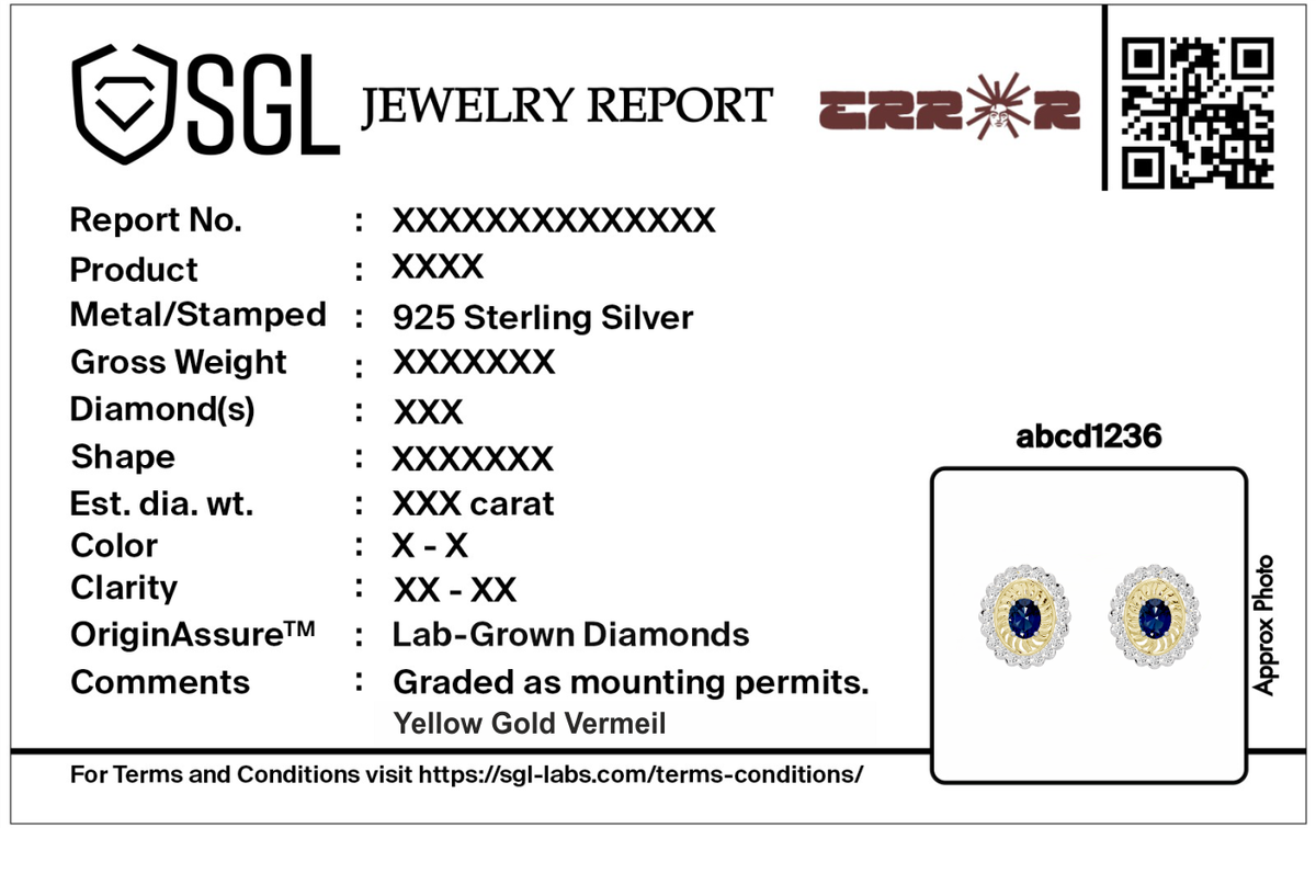 Jewelry report card for lab diamond earrings; 925 sterling silver and lab diamonds