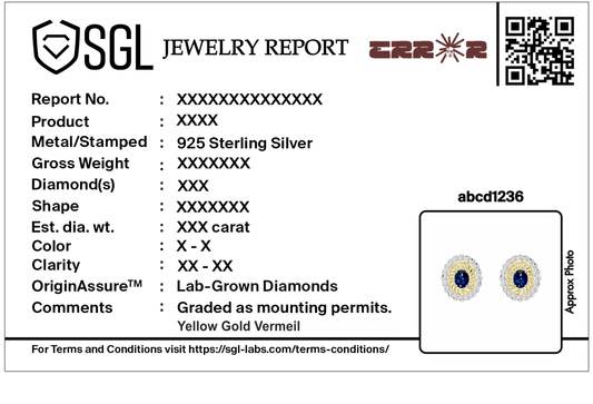 Jewelry report card for lab diamond earrings; 925 sterling silver and lab diamonds