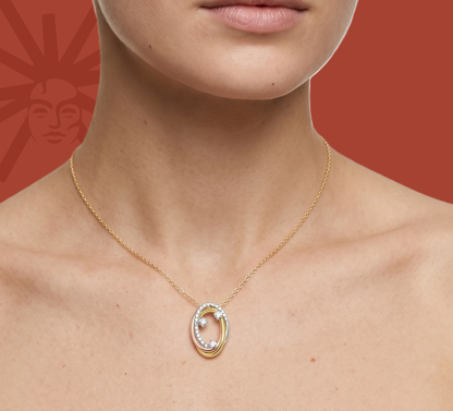Gold vermeil oval lab diamond pendant on necklace at neckline