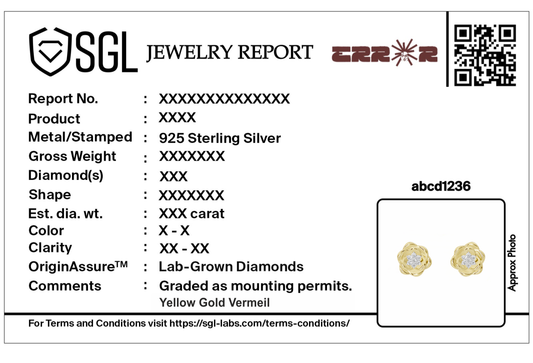 Jewelry report card for Lab Diamond earrings with QR code and details
