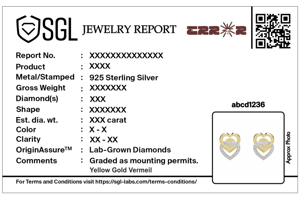 SGJL jewelry report card with QR code for lab-grown diamond heart earrings