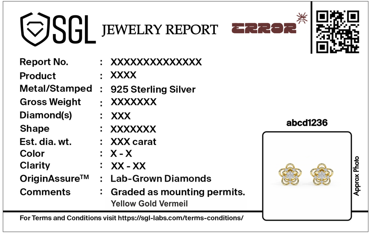 Jewelry report card with lab diamond earring thumbnail and QR code
