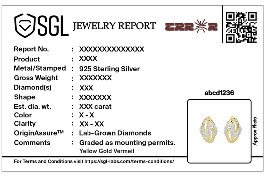 Jewelry report card for lab diamond earrings with QR code and earring photo