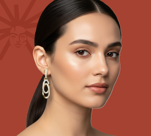 Yellow gold vermeil lab diamond drop earrings with oval rings on model ear