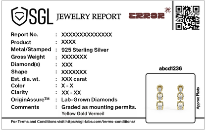 Jewelry report card with preview of yellow gold vermeil lab diamond drop earrings