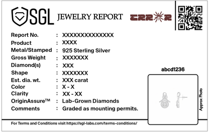 SG L jewelry report card for 925 sterling silver diamond earrings, includes QR code