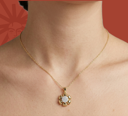 Lab diamond pendant necklace on neck, round halo pendant in yellow gold