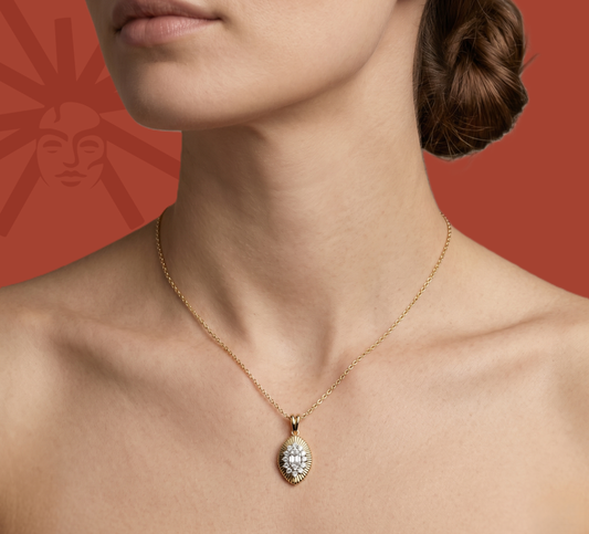 Diamond pendant necklace worn at collarbone, oval halo pendant on gold vermeil chain