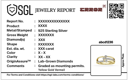 Yellow gold vermeil lab diamond ring shown on a jewelry report card inset