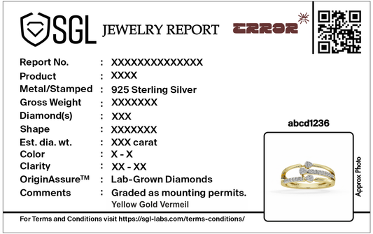 Yellow gold vermeil lab diamond ring shown on a jewelry report card inset