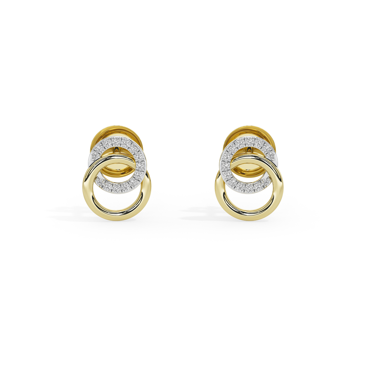 Gold vermeil loop link earrings with central gold hoop and diamond pavé