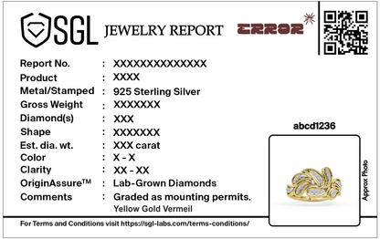 Jewelry report card for lab diamond ring with QR code and specifications