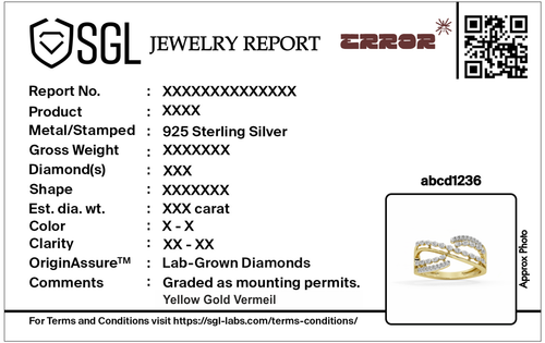 Jewelry report for lab diamond ripple ring in 925 sterling silver with QR code