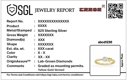 Jewelry report card for 925 sterling silver lab diamond ring with QR code