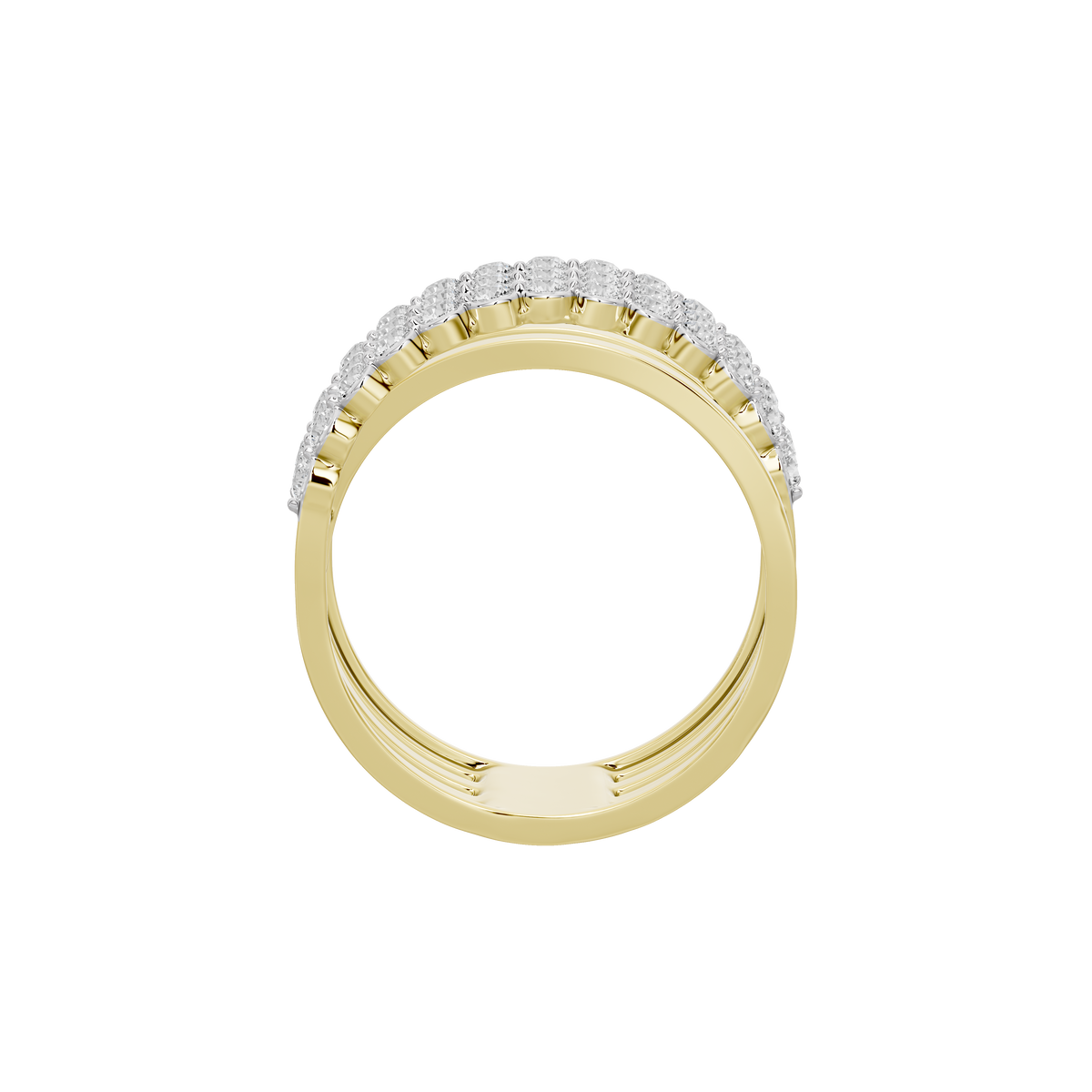 Gold ring with round diamond pavé band around the outer edge