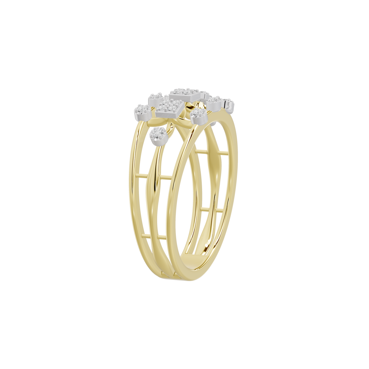 Yellow gold vermeil lab diamond ring side view, open stacked band with square settings