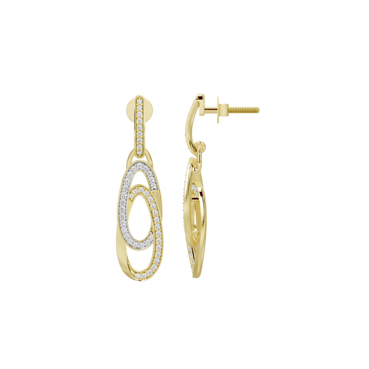 Yellow gold vermeil lab diamond drop earrings, side view with oval bezel detail