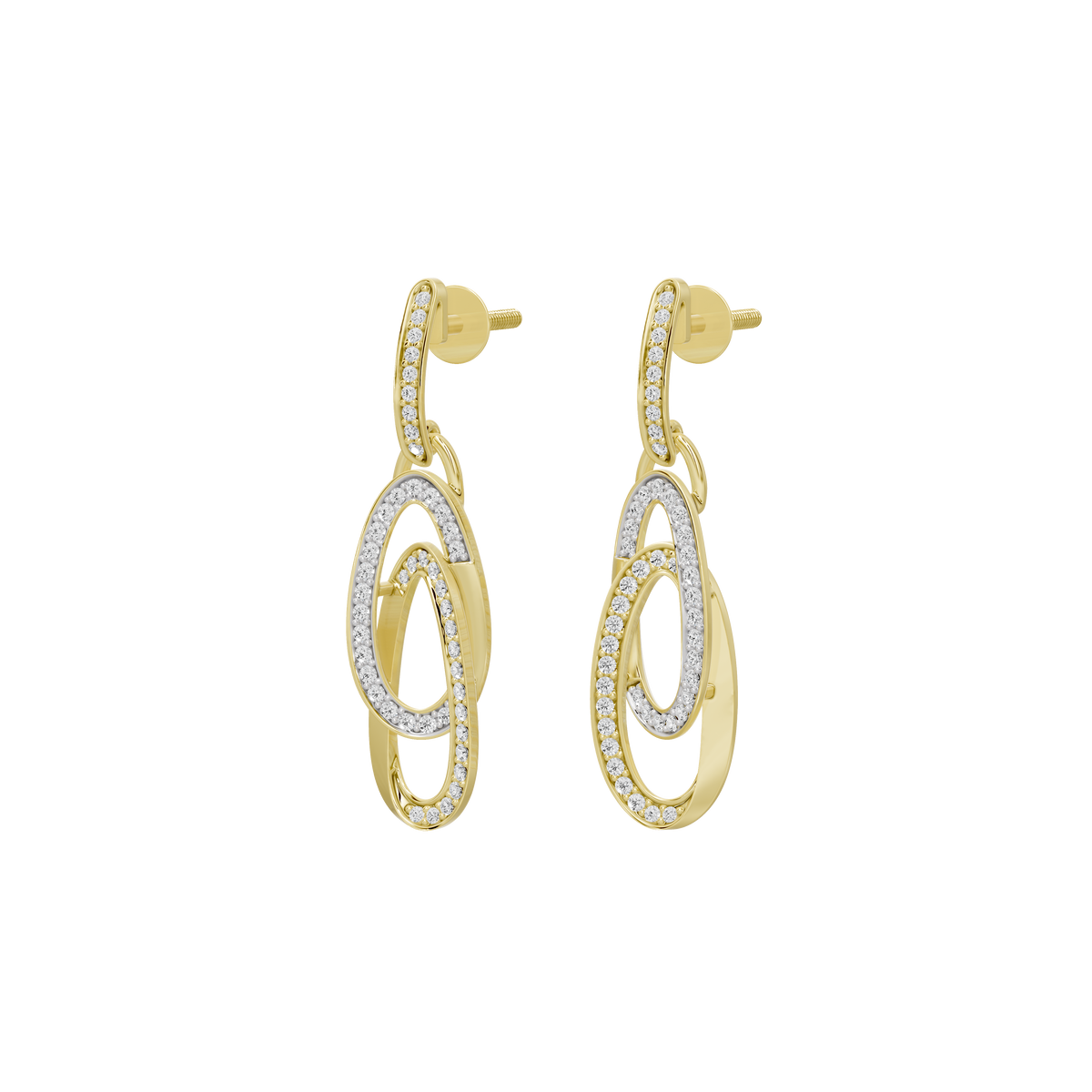 Yellow gold vermeil lab diamond drop earrings, front view with oval ring bezel