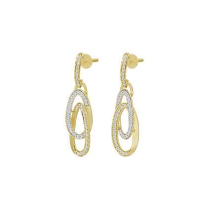 Yellow gold vermeil lab diamond drop earrings, front view with oval ring bezel