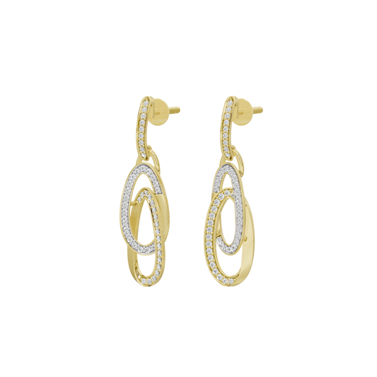 Yellow gold vermeil lab diamond drop earrings, front view with oval ring bezel