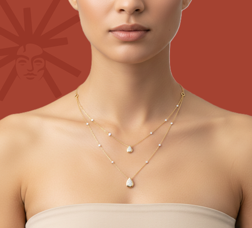 Yellow gold vermeil lab diamond necklace worn by model with three pear-shaped stones