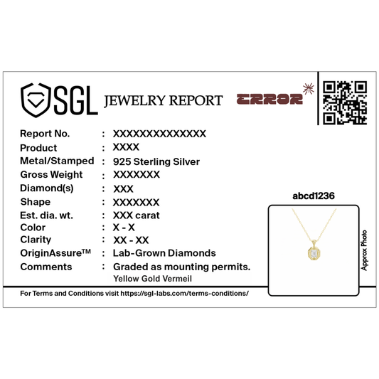 Small lab diamond pendant in yellow gold vermeil, shown on a jewelry report card