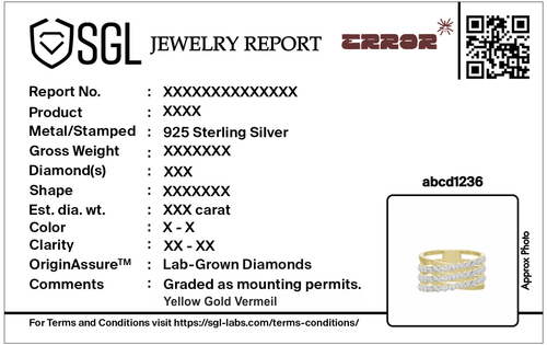 Jewelry report card for lab diamond ring with metallic band