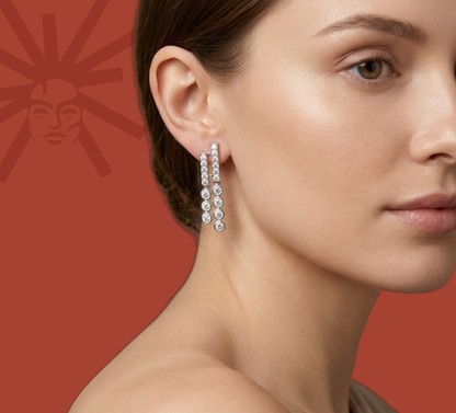 Silver lab diamond hoop earrings on model ear, cascading round stones
