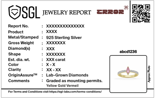 Jewelry report card with barcode and details for 925 sterling silver lab diamond ring