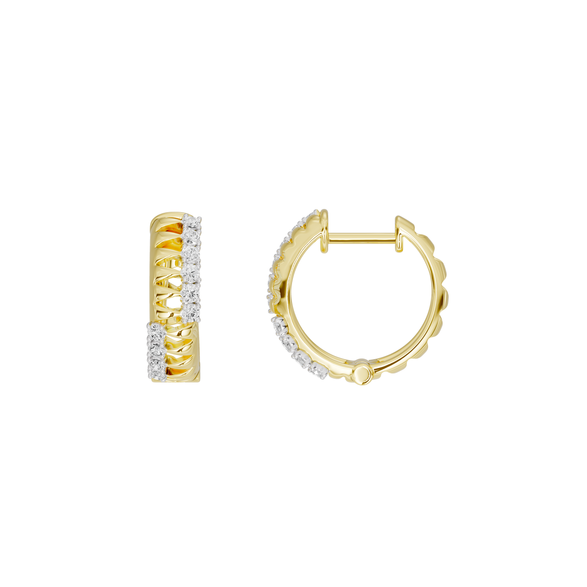 Yellow gold vermeil hoop earrings with lab-grown diamond row detail, side view