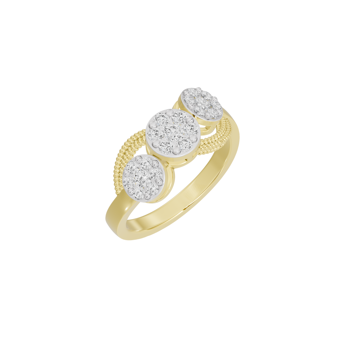Yellow gold vermeil lab diamond cluster trio ring, three round stone clusters on gold band