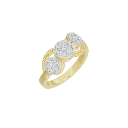 Yellow gold vermeil lab diamond cluster trio ring, three round stone clusters on gold band