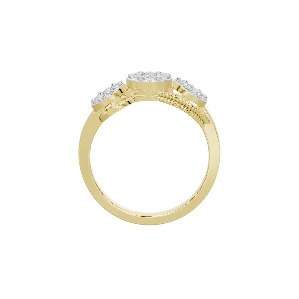 Yellow gold vermeil lab diamond cluster trio ring, top view of rope-textured band
