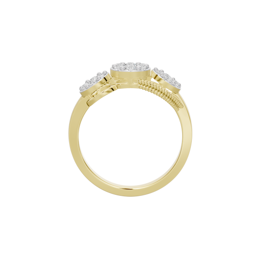 Yellow gold vermeil lab diamond cluster trio ring, top view of rope-textured band