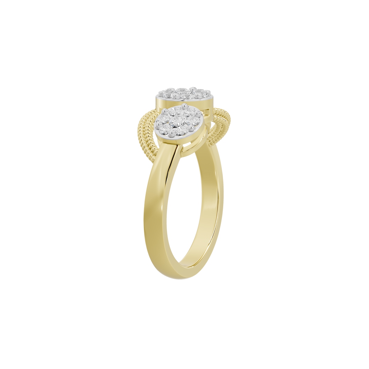 Yellow gold vermeil lab diamond cluster trio ring, side view showing three round stones