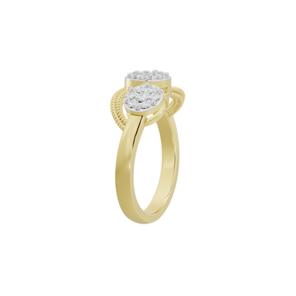 Yellow gold vermeil lab diamond cluster trio ring, side view showing three round stones