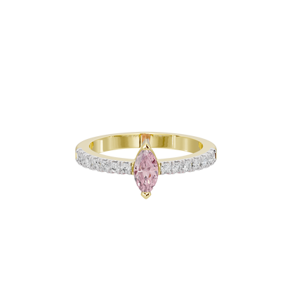 Yellow gold vermeil lab diamond ring with pink marquise center and clear pavé band